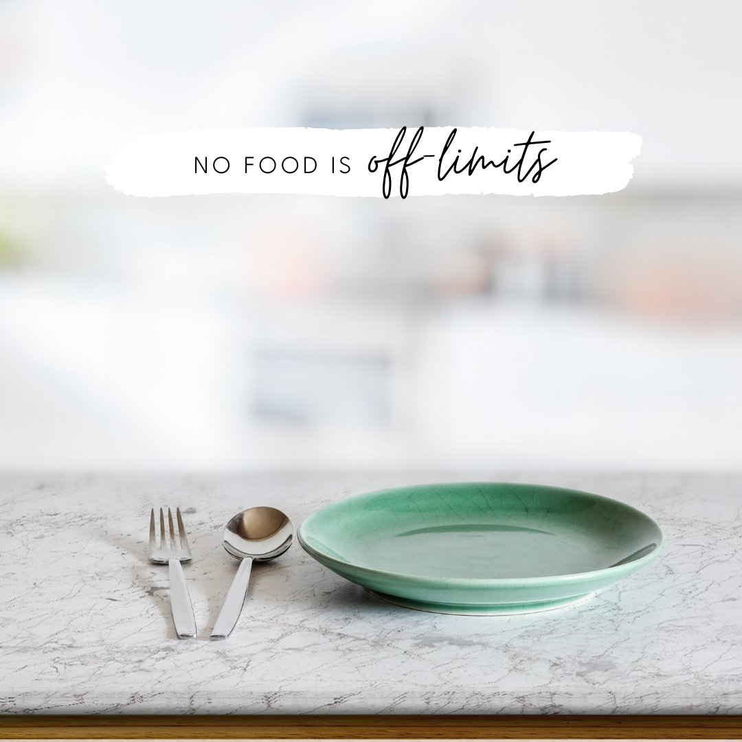Dish with No foods off limits writing. https://www.wocdetox.com/no-foods-off-limits.html
